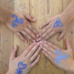 Different blue celtic symbols on hands
