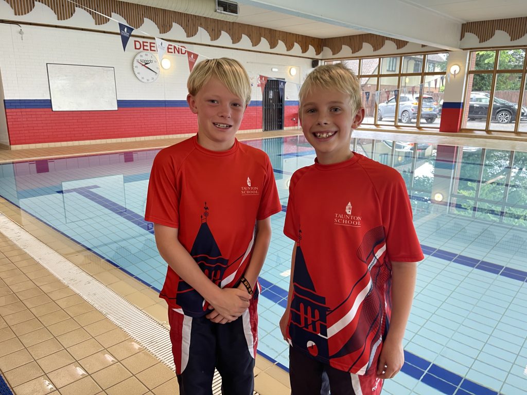 Two boys in sportswear next to a swimming pool